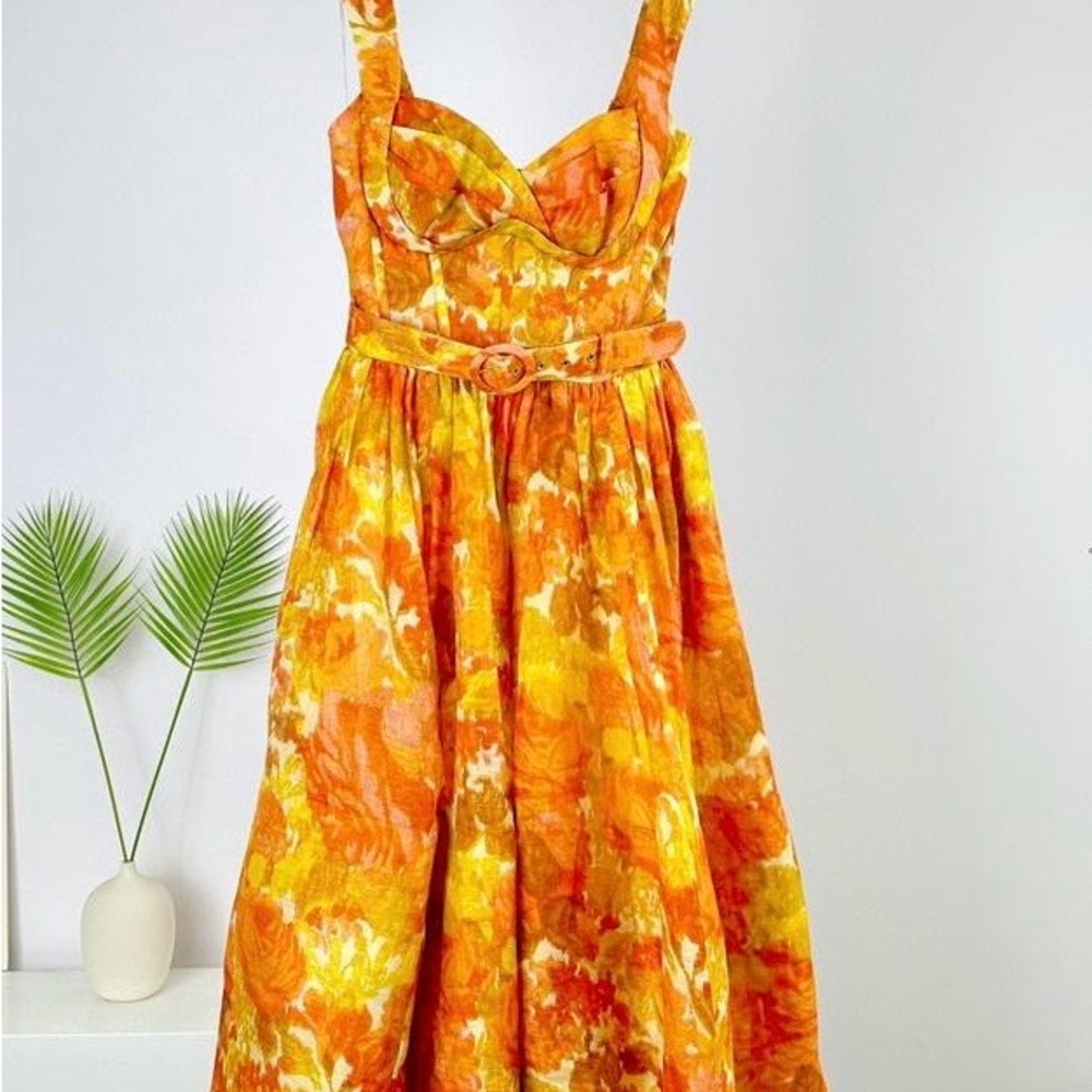 Zimmermann Orange Raie Floral Print Dress. Linen and silk blend cotton maxi